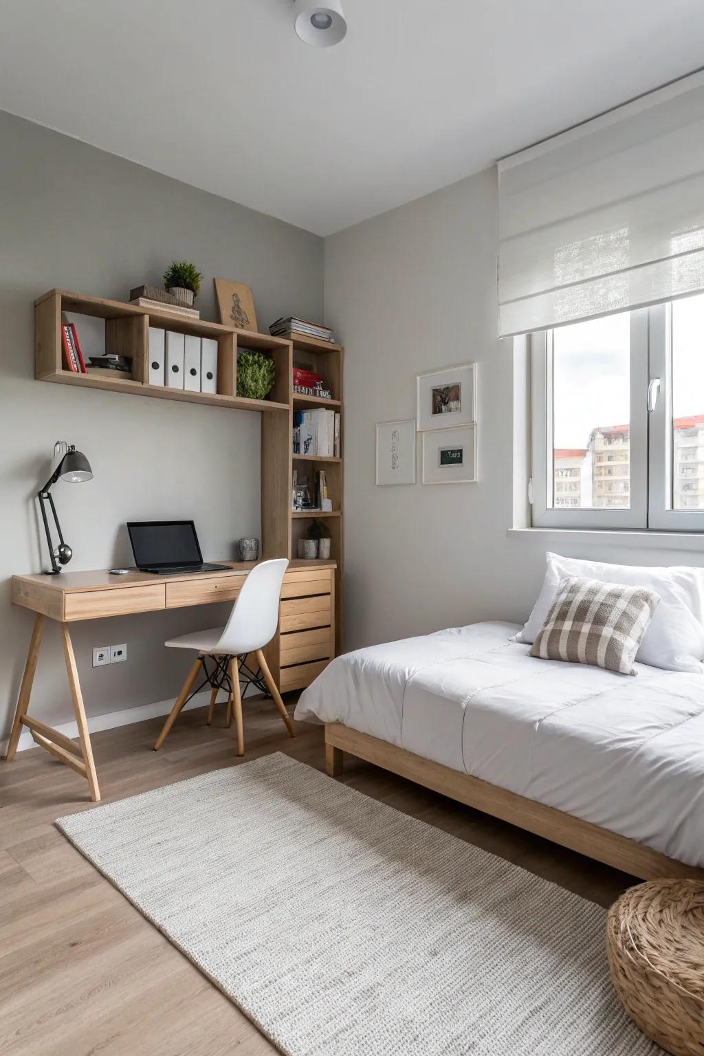 A minimalist teen boy's room with a calming and sophisticated design.