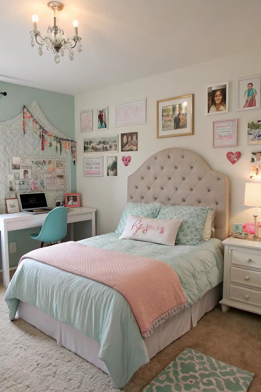 A statement headboard adding elegance and serves as a centerpiece in the room.