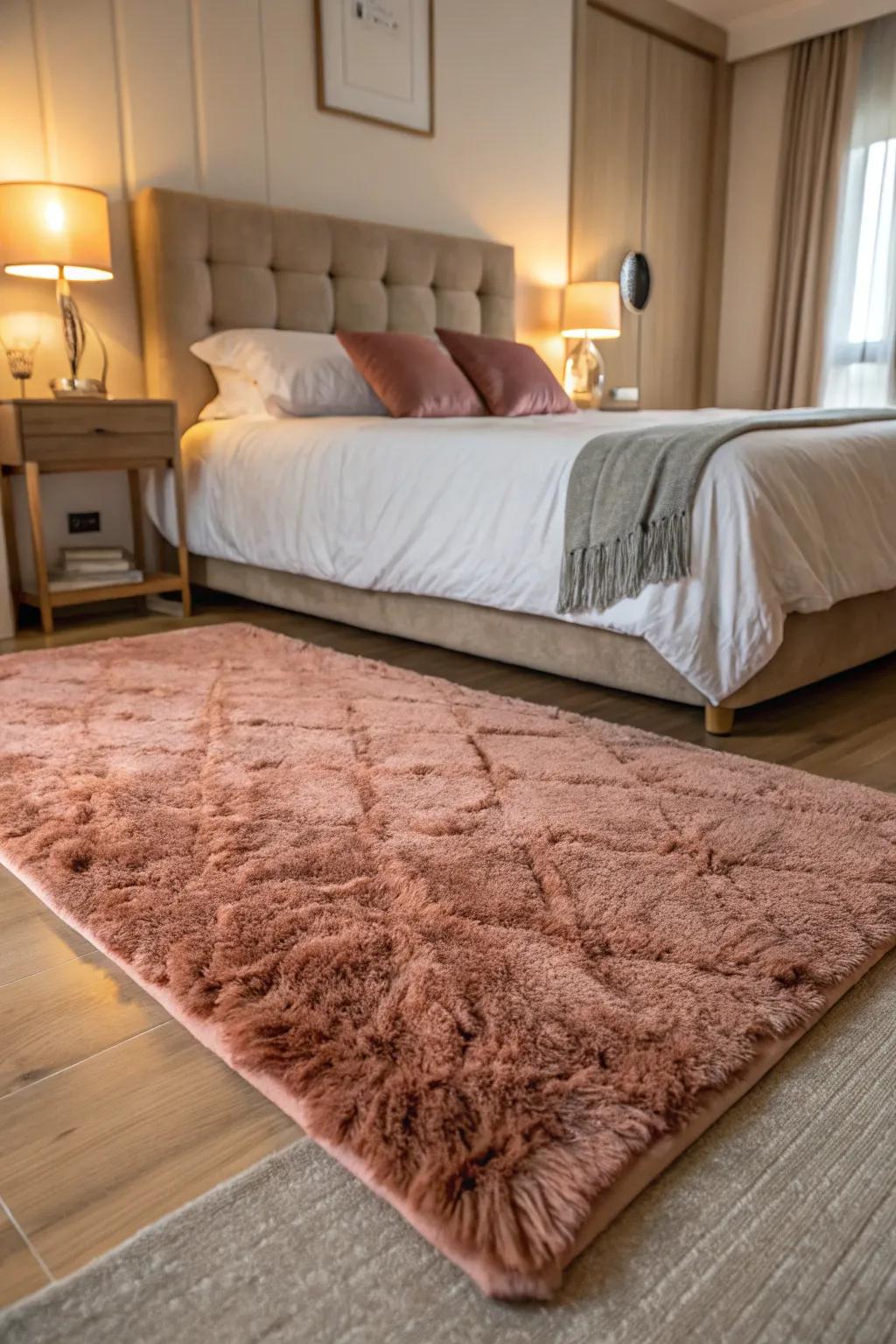 A rose gold rug brings warmth and ties the room together.