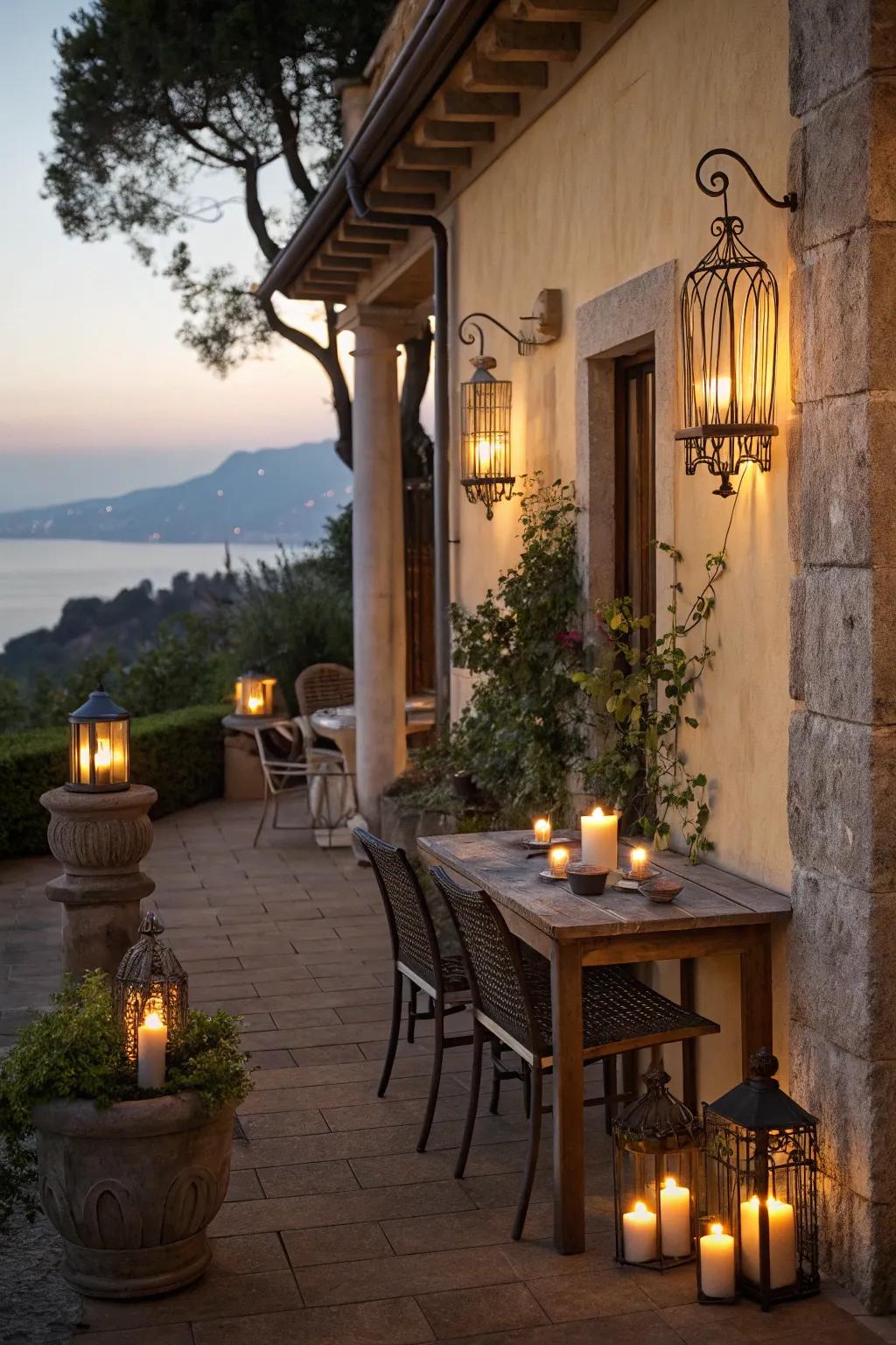 Candle wall lights fill patios with romantic appeal.