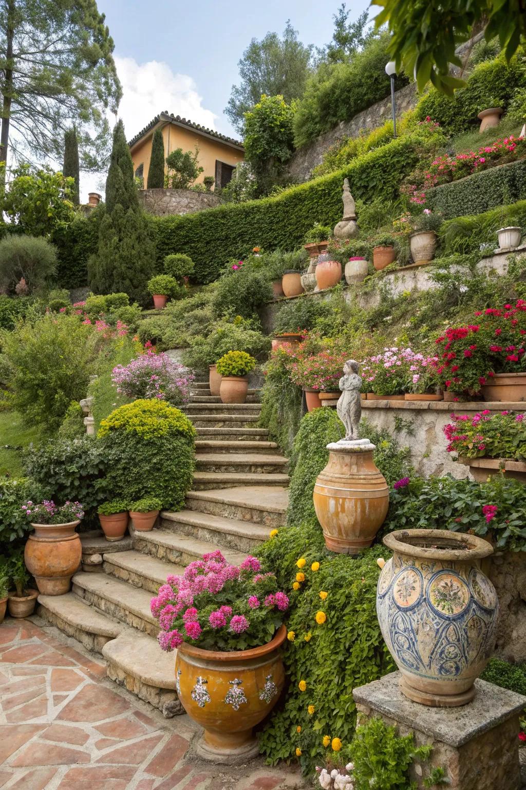 Decorative elements in a terraced garden, adding personality and charm.