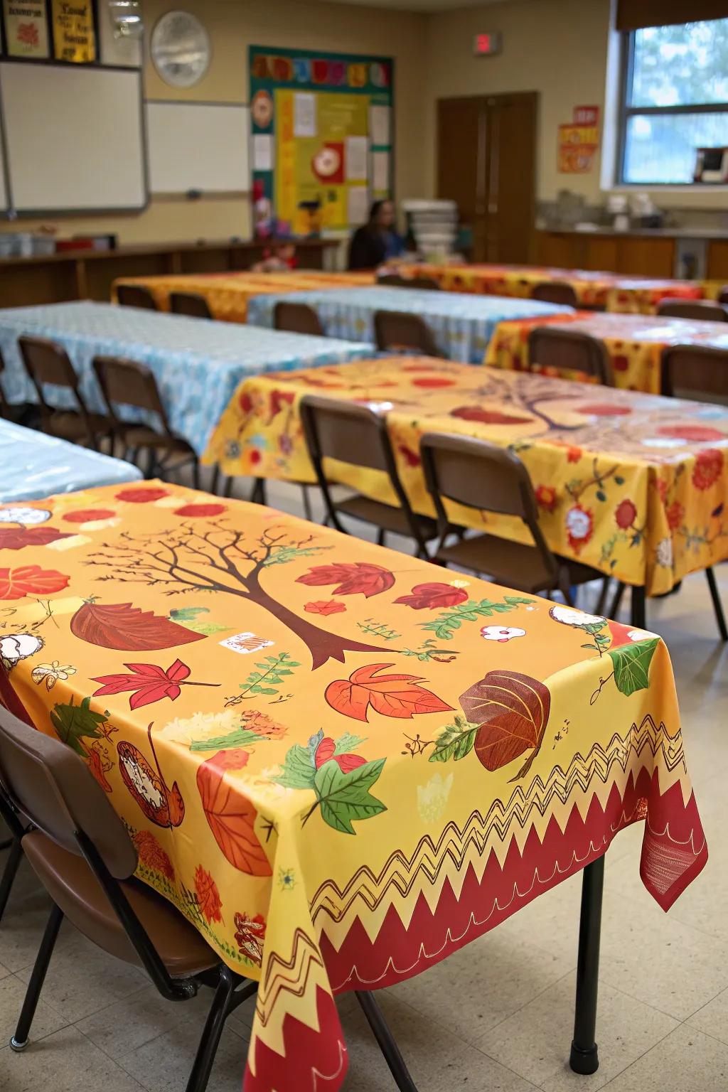 Festive table covers set the stage for Thanksgiving festivities.