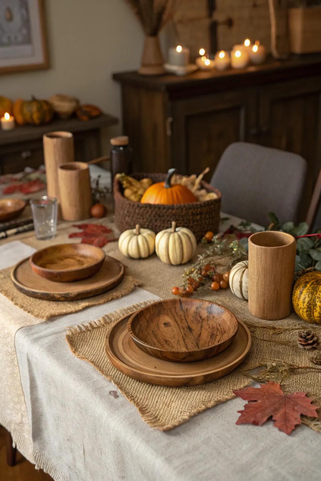 Natural textures with wood and burlap for an earthy sensation.