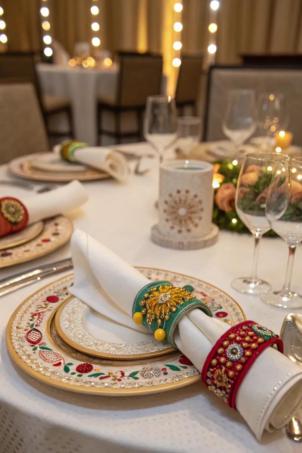 Festive napkin rings add a playful touch.