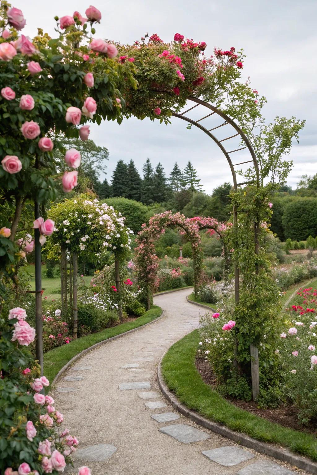 A romantic garden showcasing lush climbing plants and inviting paths.