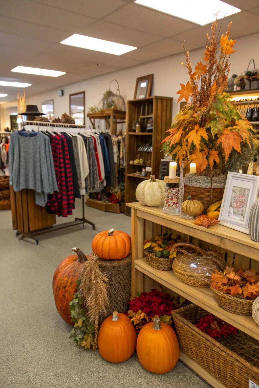 A themed display using autumn-themed thrift store décor.