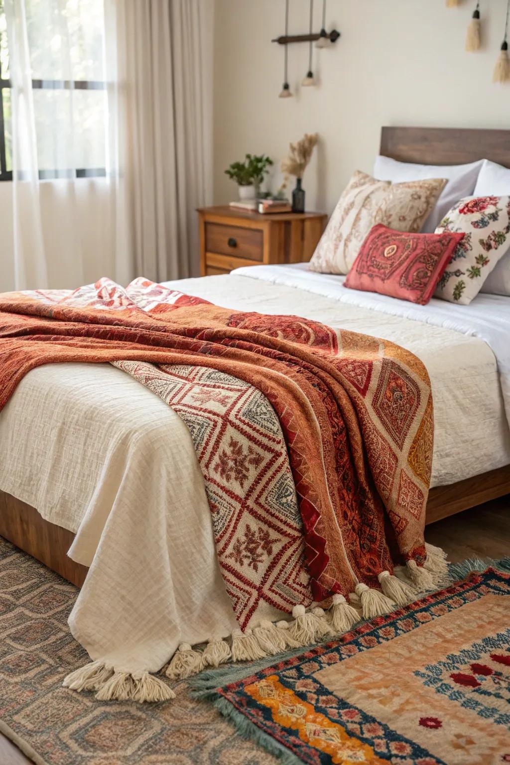 A fully spread throw acts like a tapestry, adding depth and color.