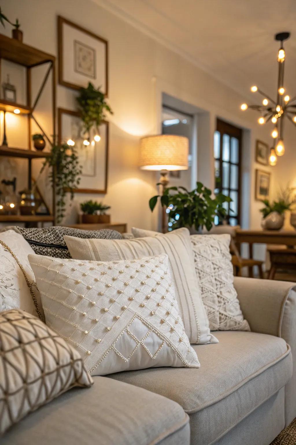 A sleek, minimalist statement with monochrome white pillows.