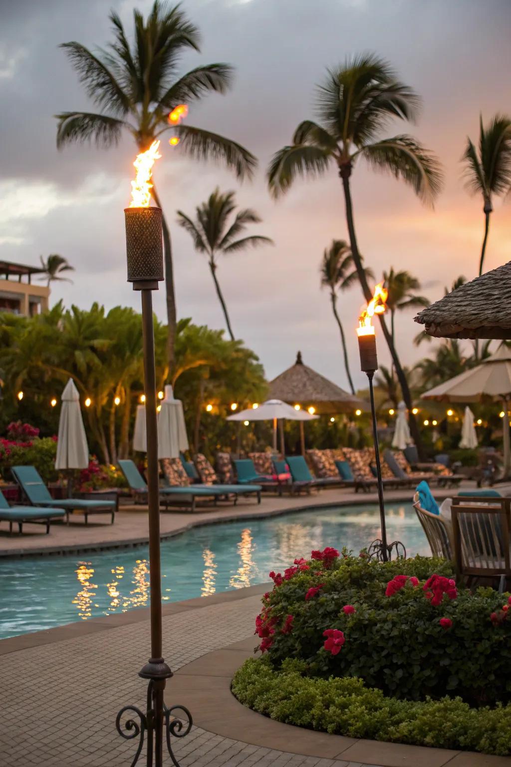 Transform your poolside into a tropical paradise utilizing flame poles.
