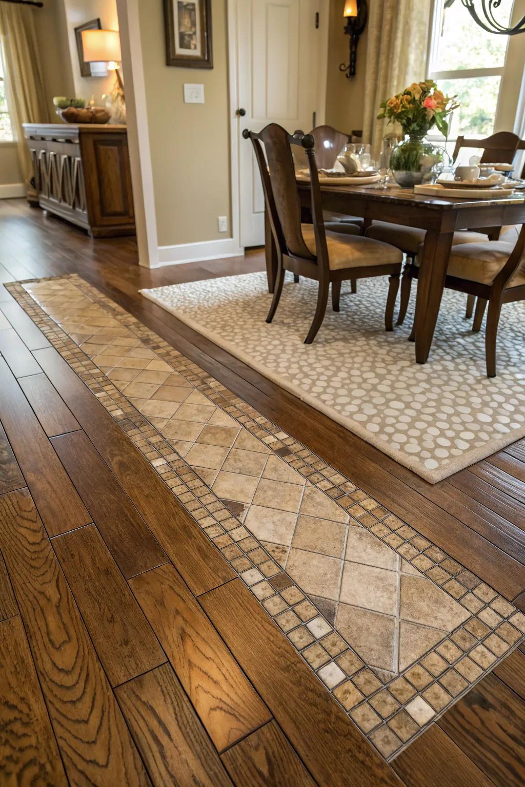 A tiled rug impression flows beautifully into timber flooring.