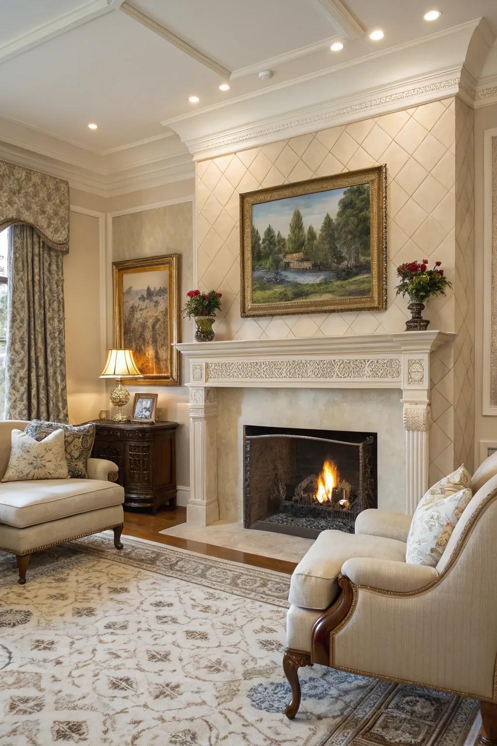 Traditional sophistication shines through with subdued tiles and a classic mantel.