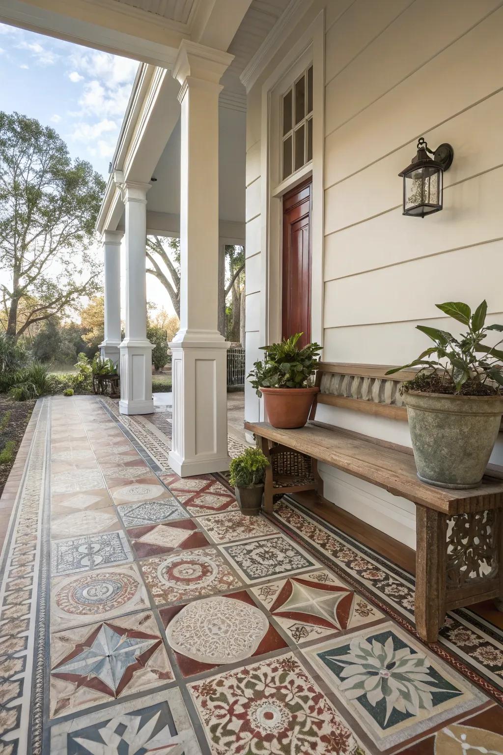 Accent tiles add a personalized touch to this inviting porch.