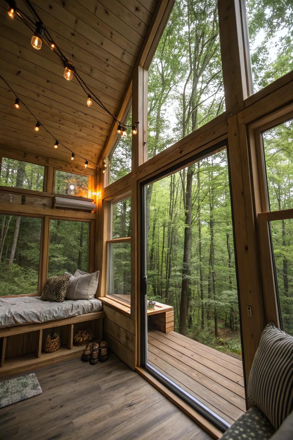 Floor-to-ceiling windows combine outdoor and indoor areas seamlessly.