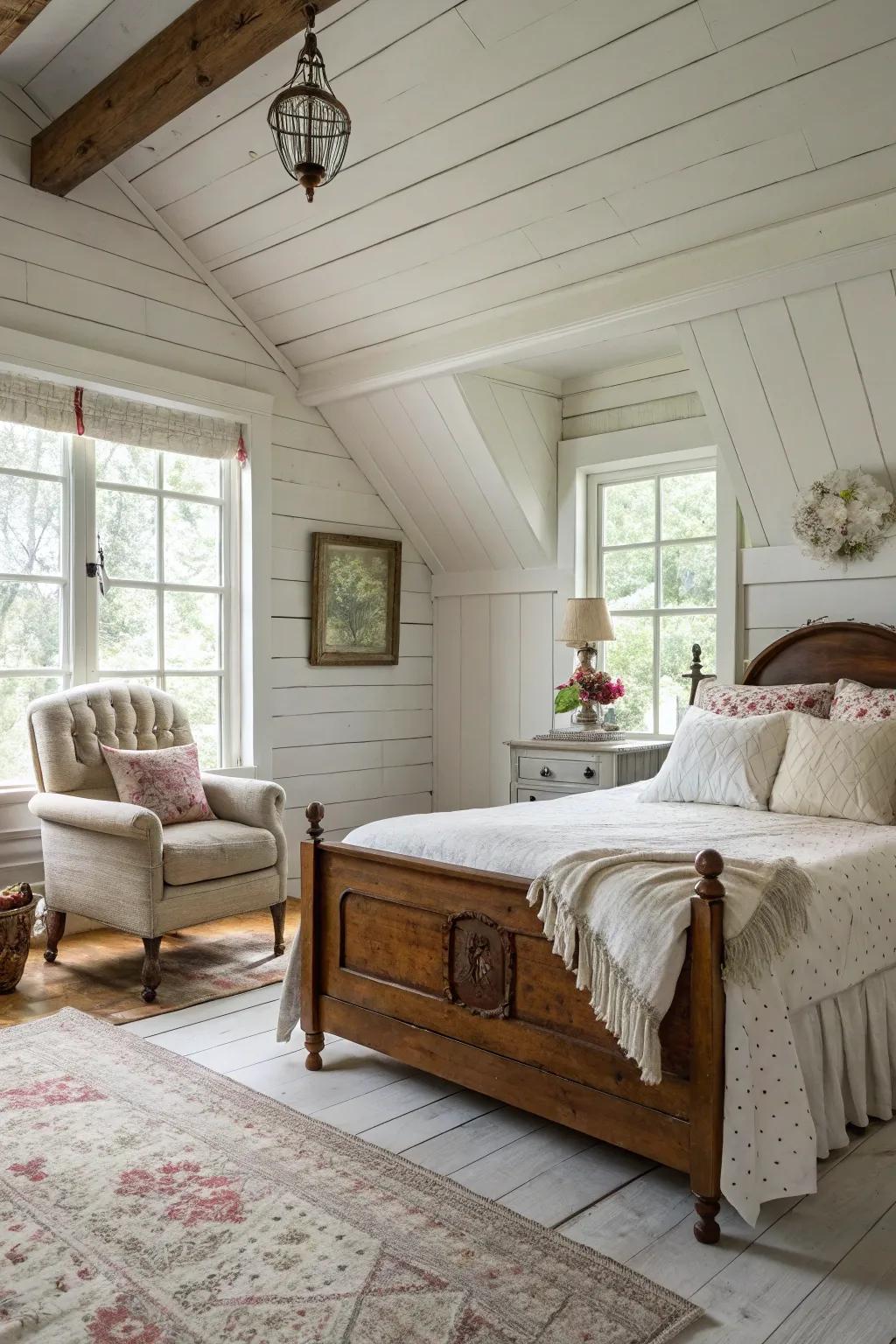 White tongue and groove walls evoke a cozy cottage atmosphere.