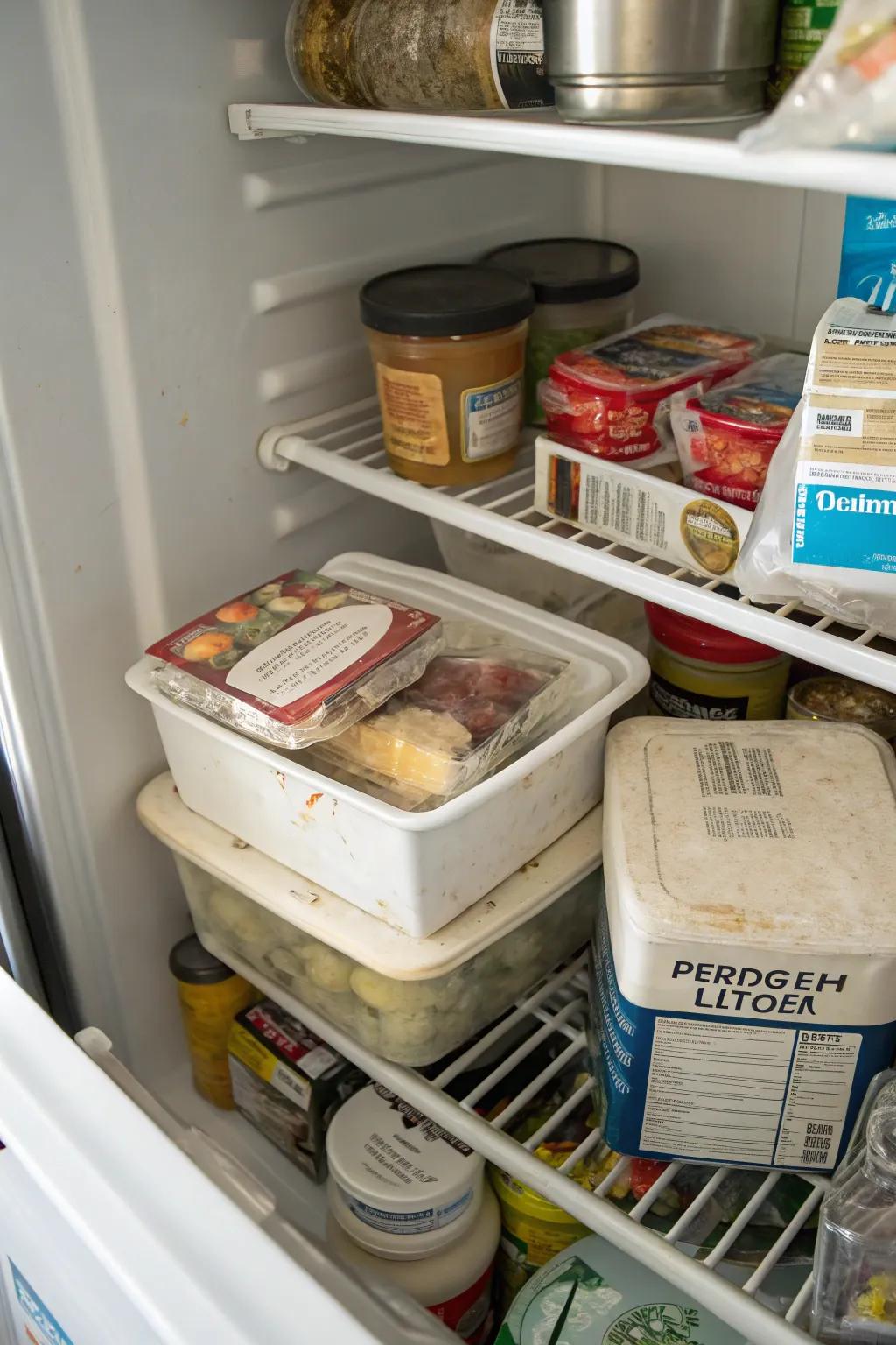 Rotated contents within a top freezer, with older items positioned near the front for easy access.