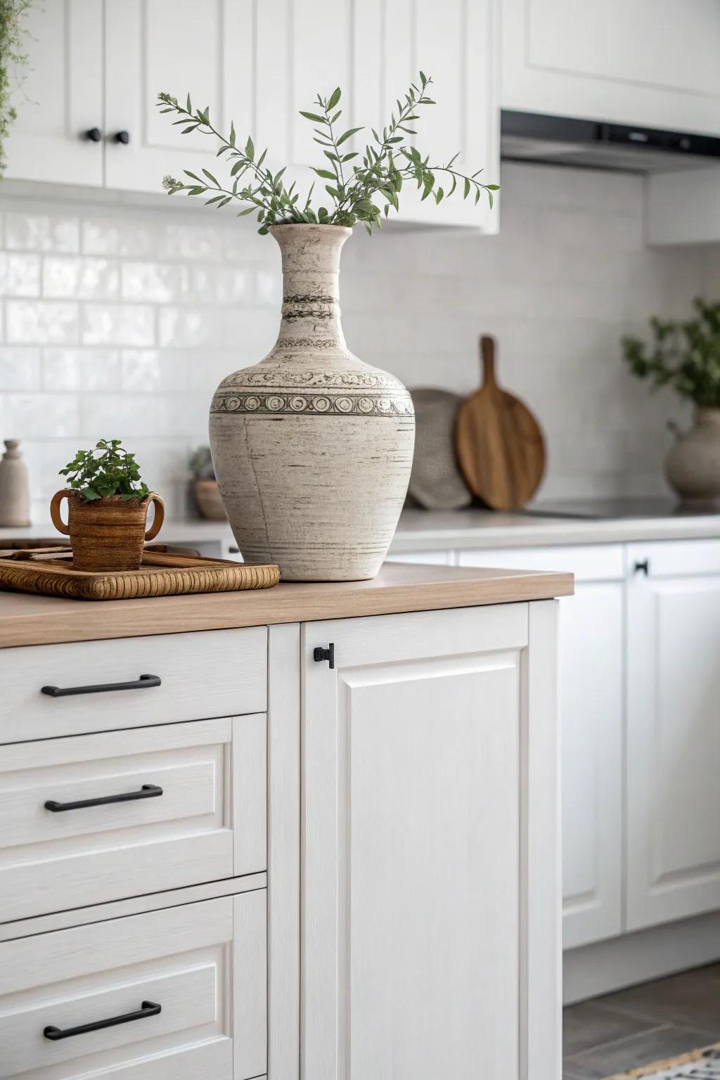 Achieve a neat presentation by using minimalist ornamental pieces above your cabinets.