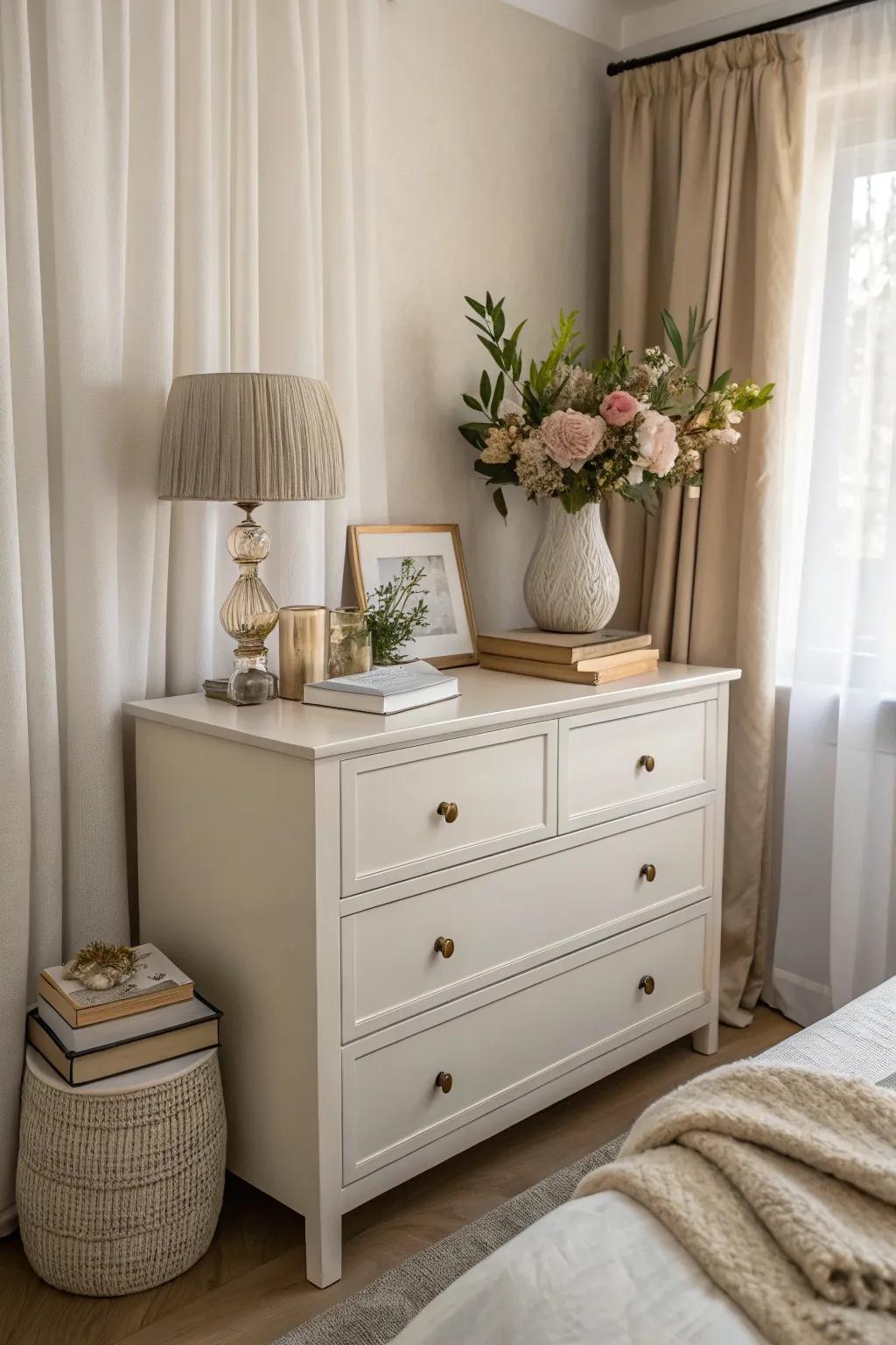 A neutral color scheme creates a serene dresser environment.