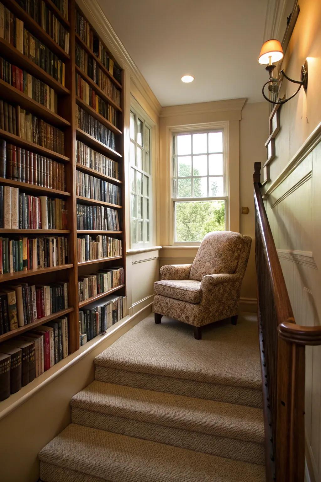 A mini library can be both functional and cozy.