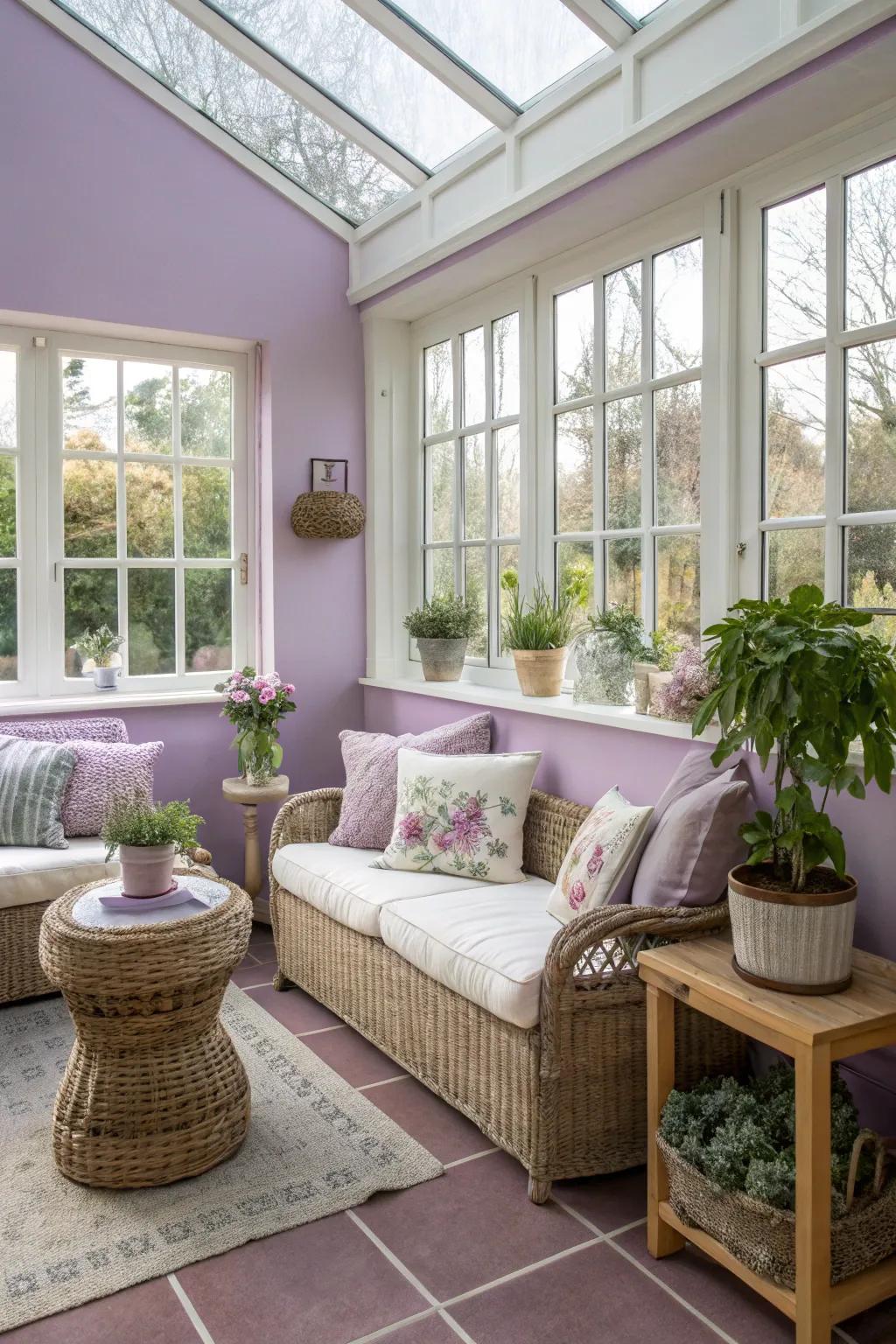 Lavender walls adding a tranquil and whimsical appeal to the sunroom.