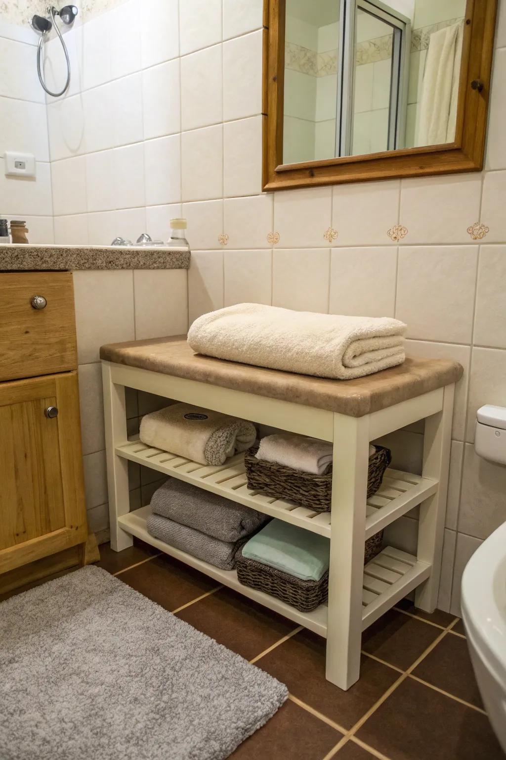 Compact furniture offers dual-purpose storage solutions in small bathrooms.