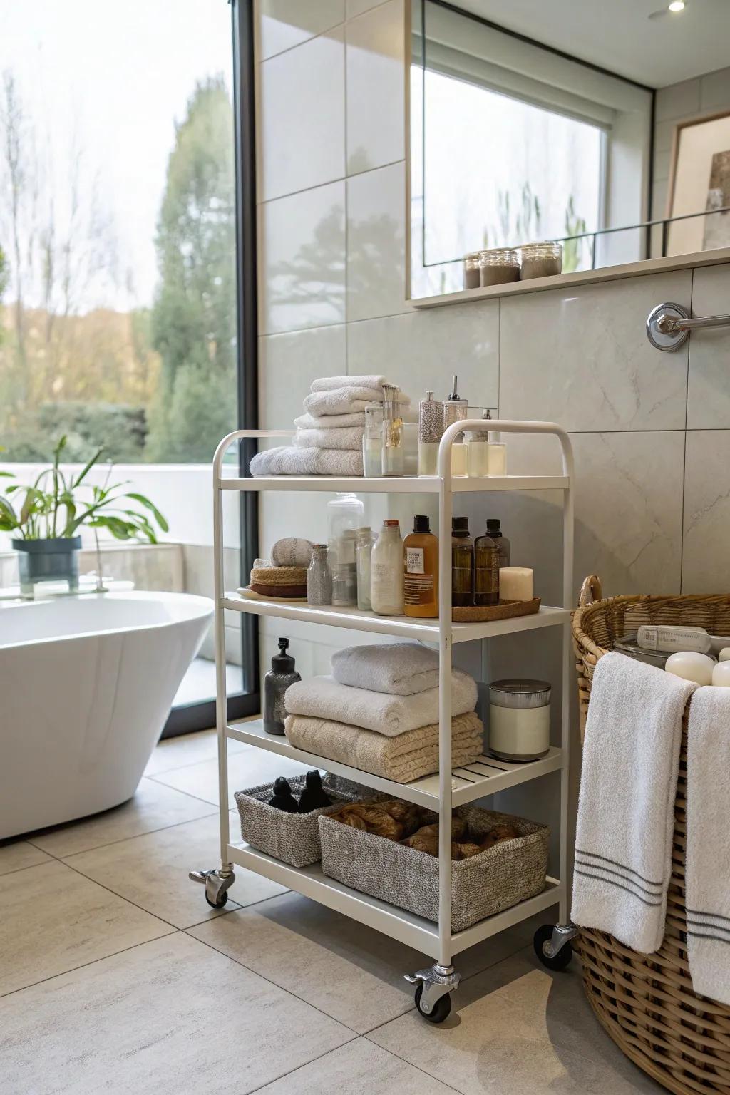 A mobile cart provides adaptable towel storage.