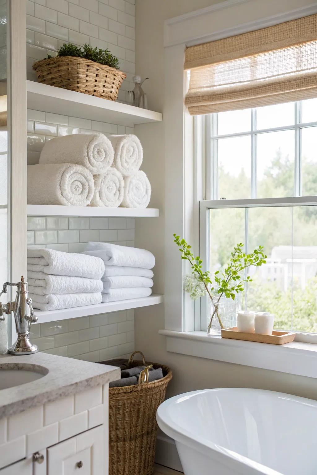 Above-window shelves offer unexpected arrangement opportunities.