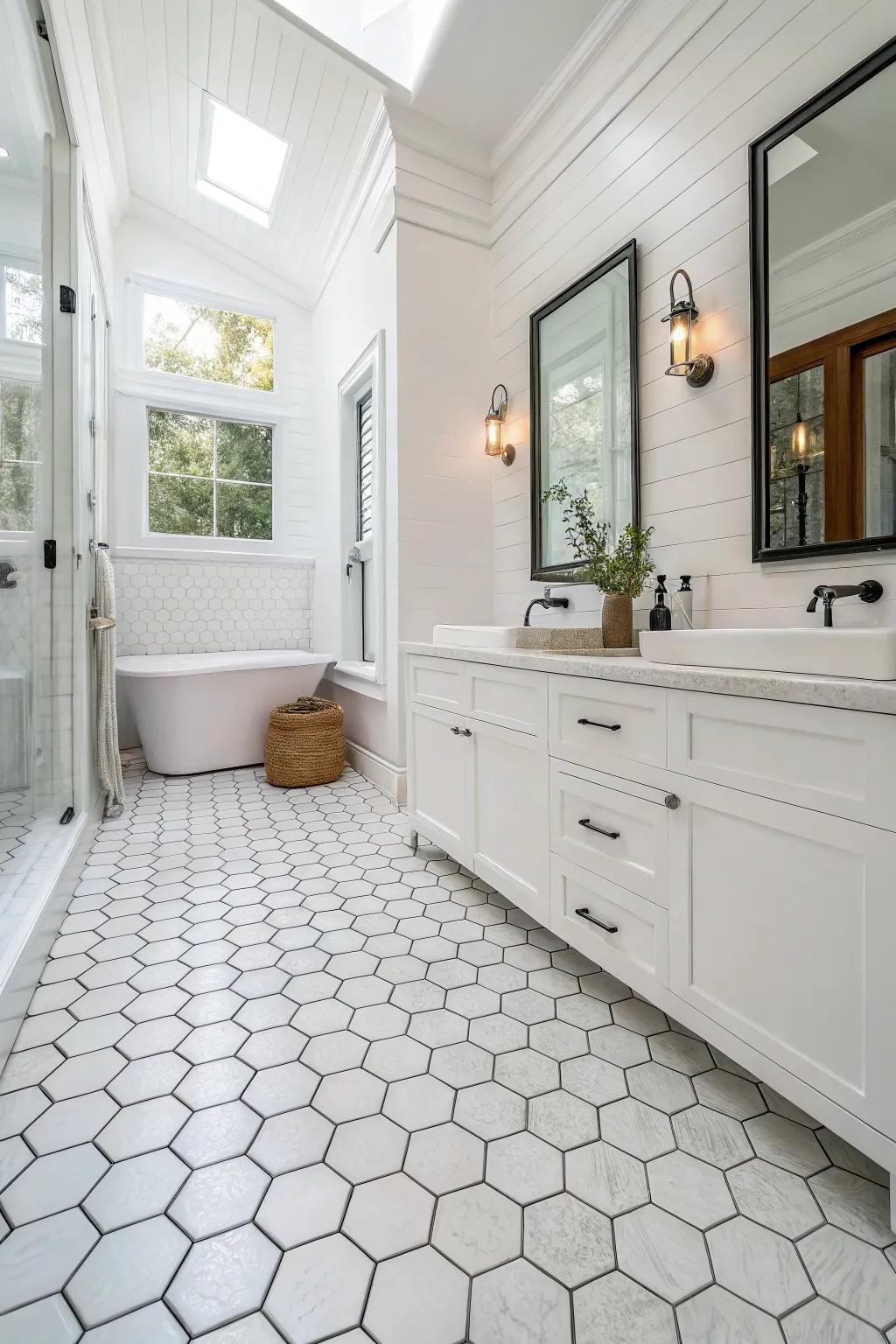 A white bathroom featuring multi-sided piece flooring for added visual interest.