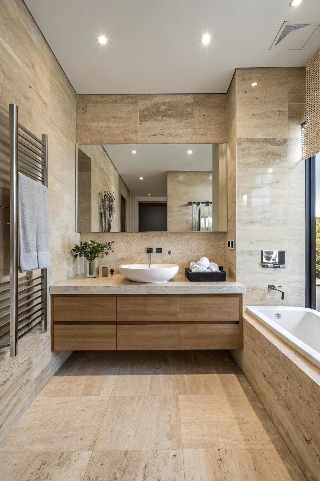 A contemporary travertine bathroom featuring a minimalist floating vanity.