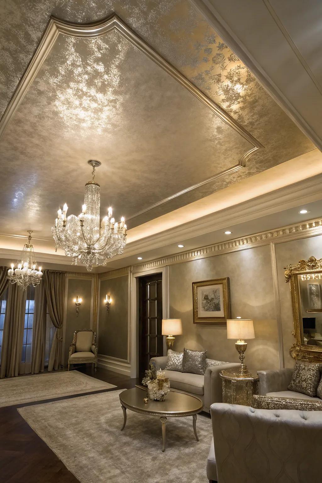 A glamorous room with a tray ceiling finished in metallic paint.