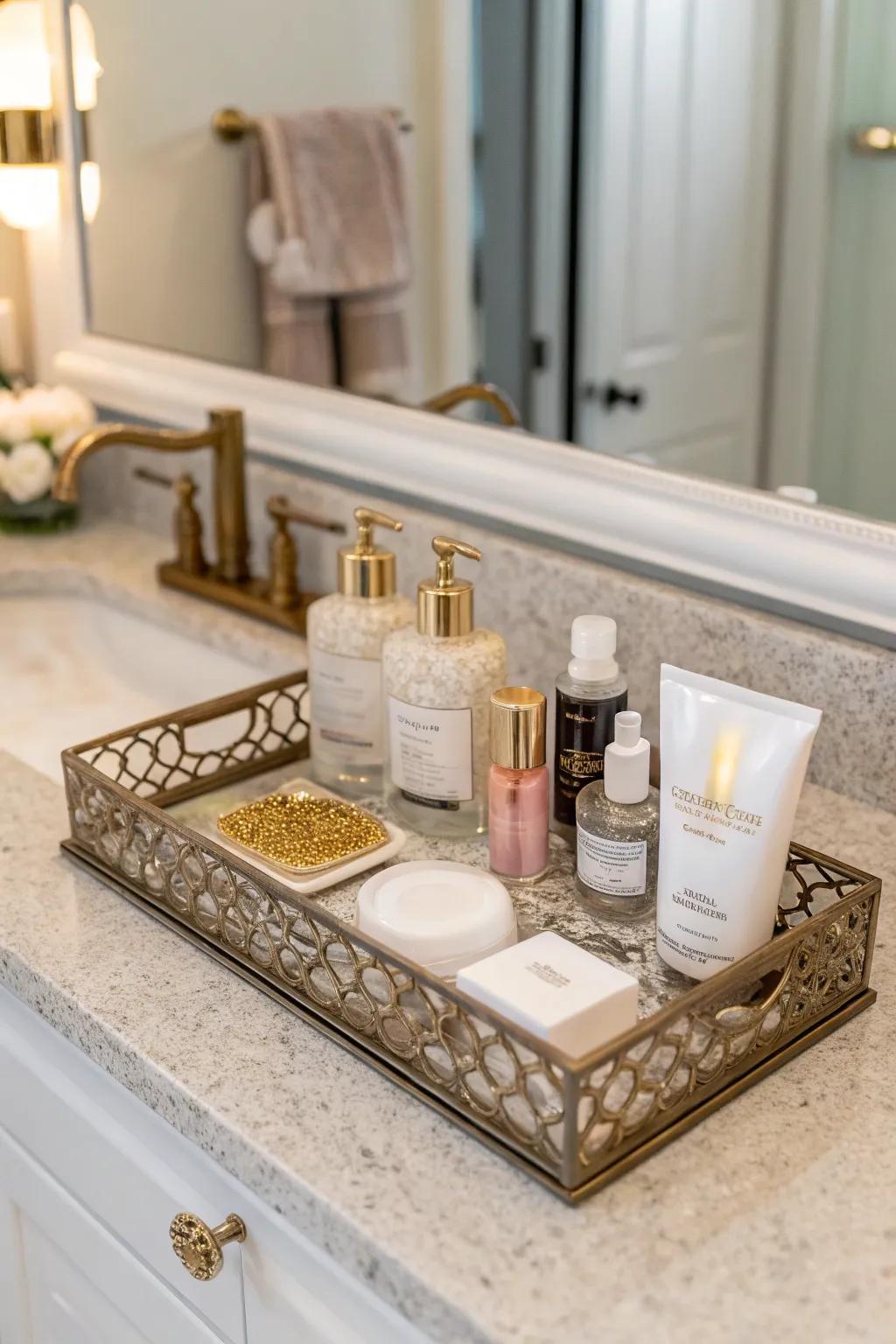 An organized bathroom counter with a luxurious touch.