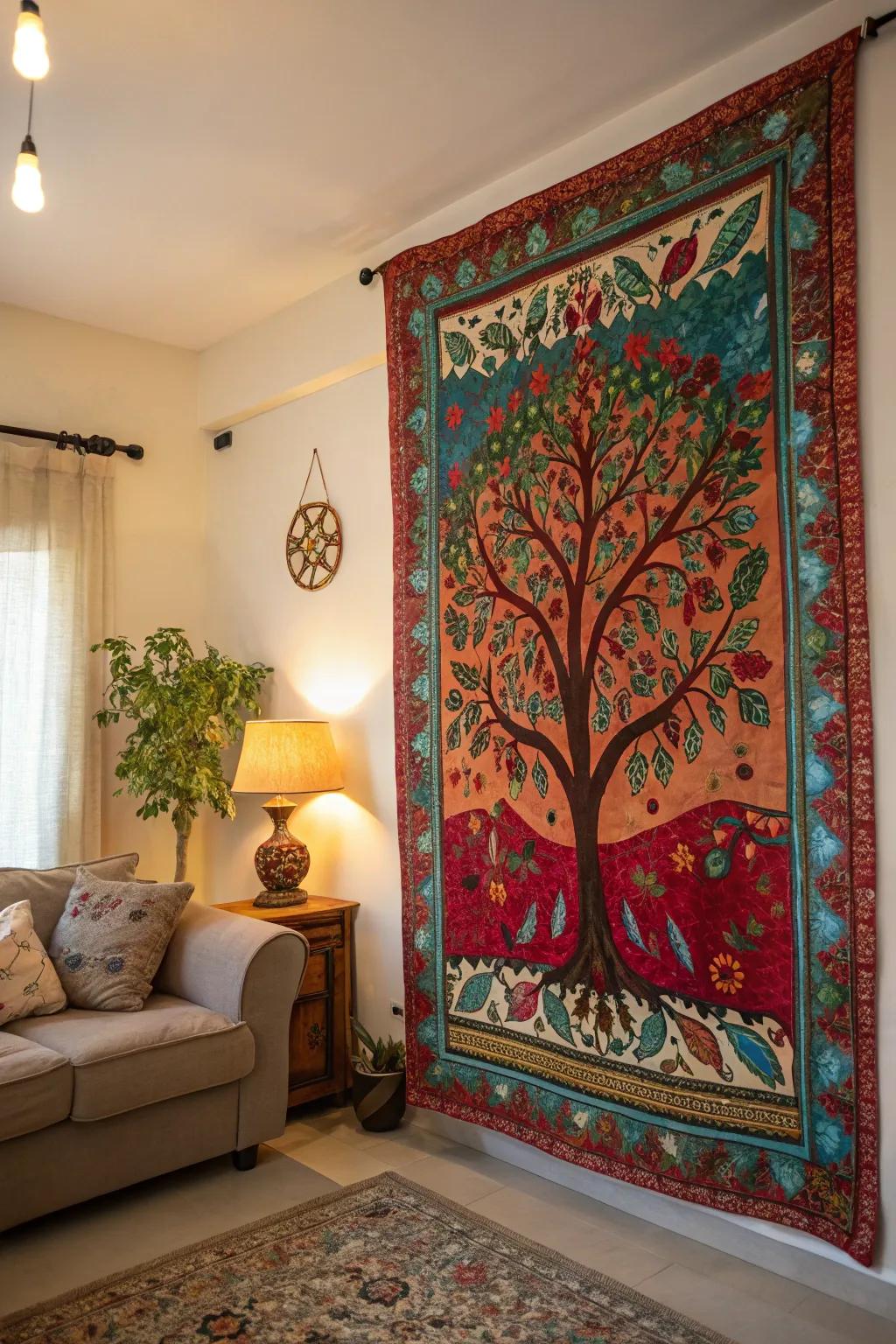 Vibrant Arbor Vitae tapestry enlivens a living room wall.