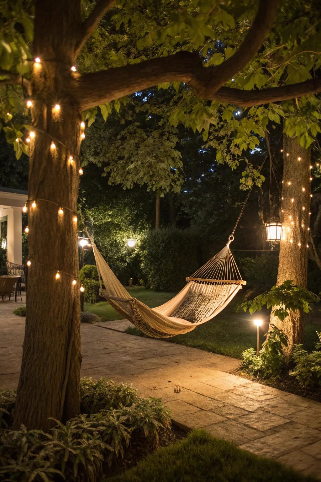 Forge a snug hammock nook via soft lighting.