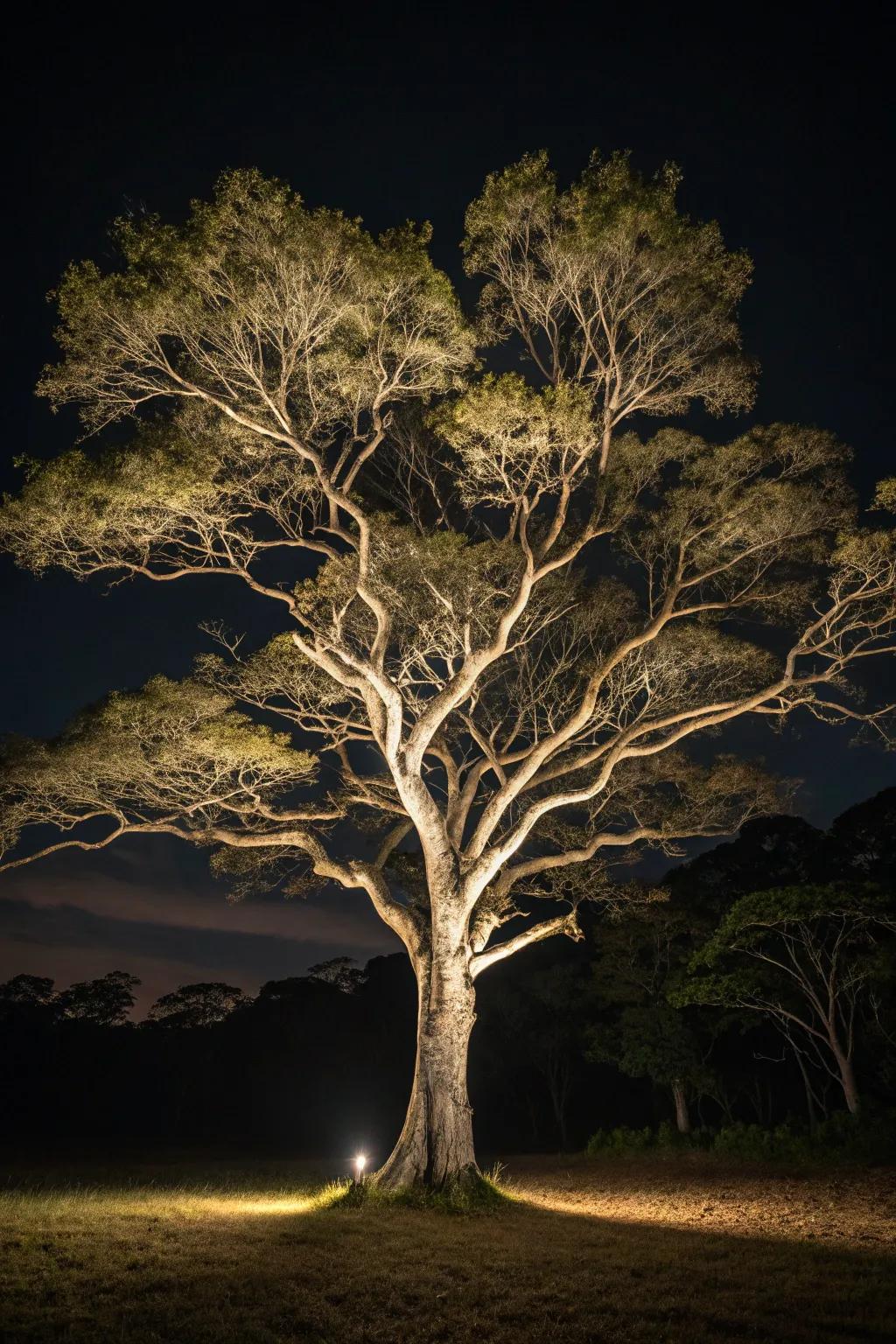 Uplighting accentuates the natural charm of garden trees.