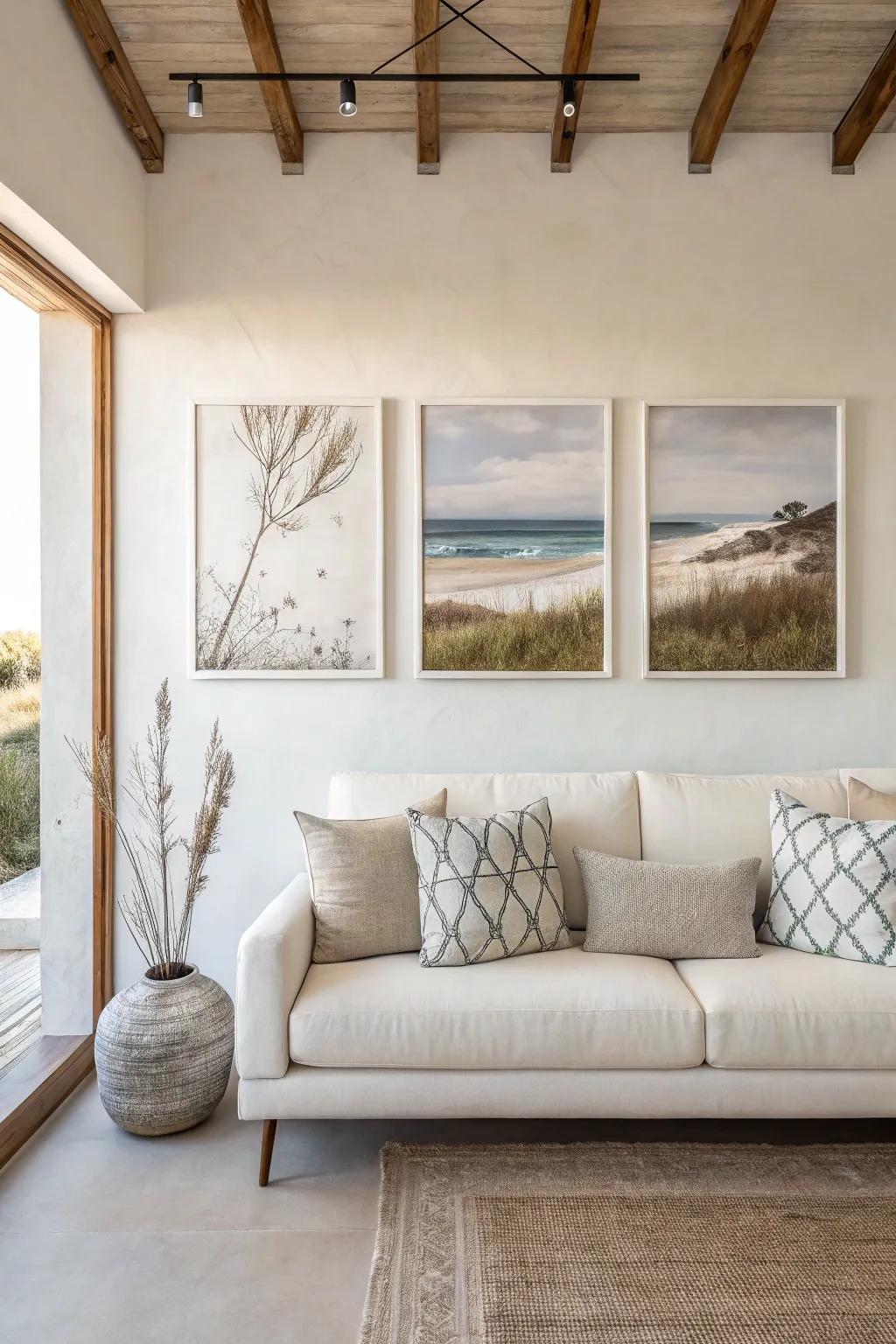 Minimalist triptych artwork enhances a room's subtle elegance.