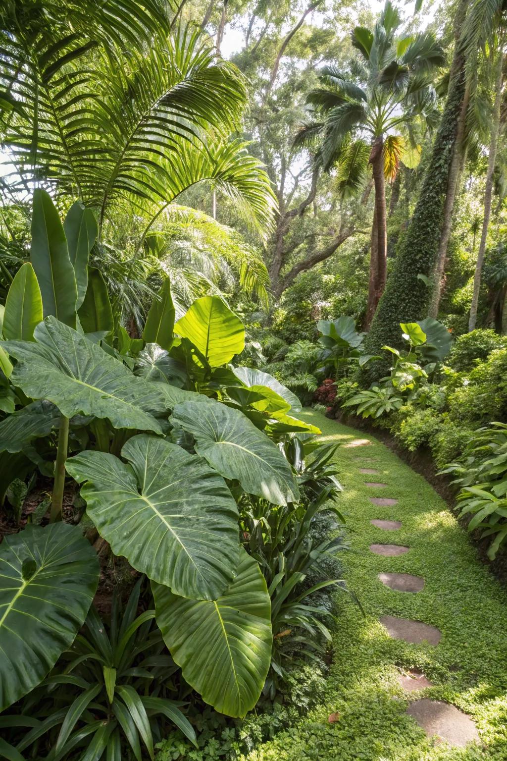 Audacious leaves contributing drama and depth to the tropic outdoor space.