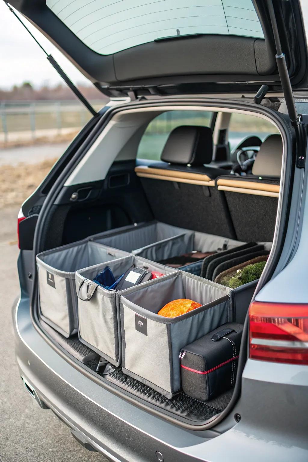 Folding storage solutions for adaptable trunk organization.