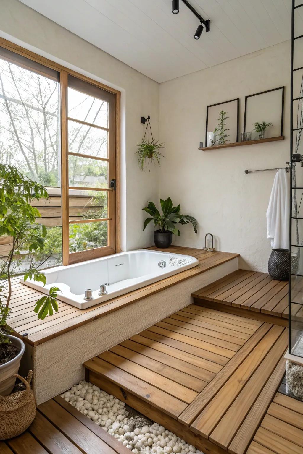 A zen-inspired tub deck featuring timber components and minimalist decoration.