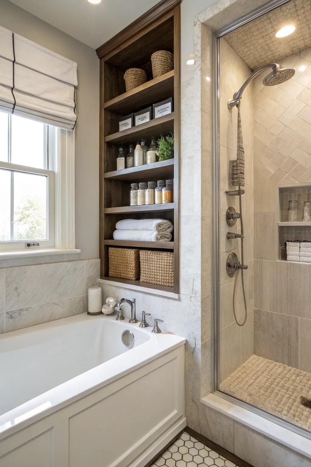 Integrated storage maintains the sleek and organized look of this bathroom.