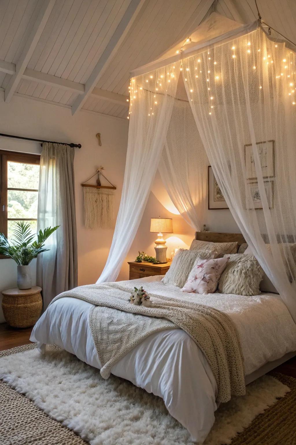 Design a magical hideaway with a netting bed canopy.