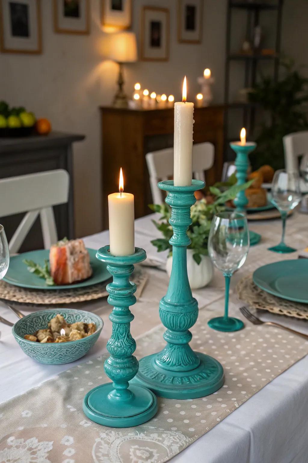 Radiants in cerulean holders establish a warm and inviting ambiance.