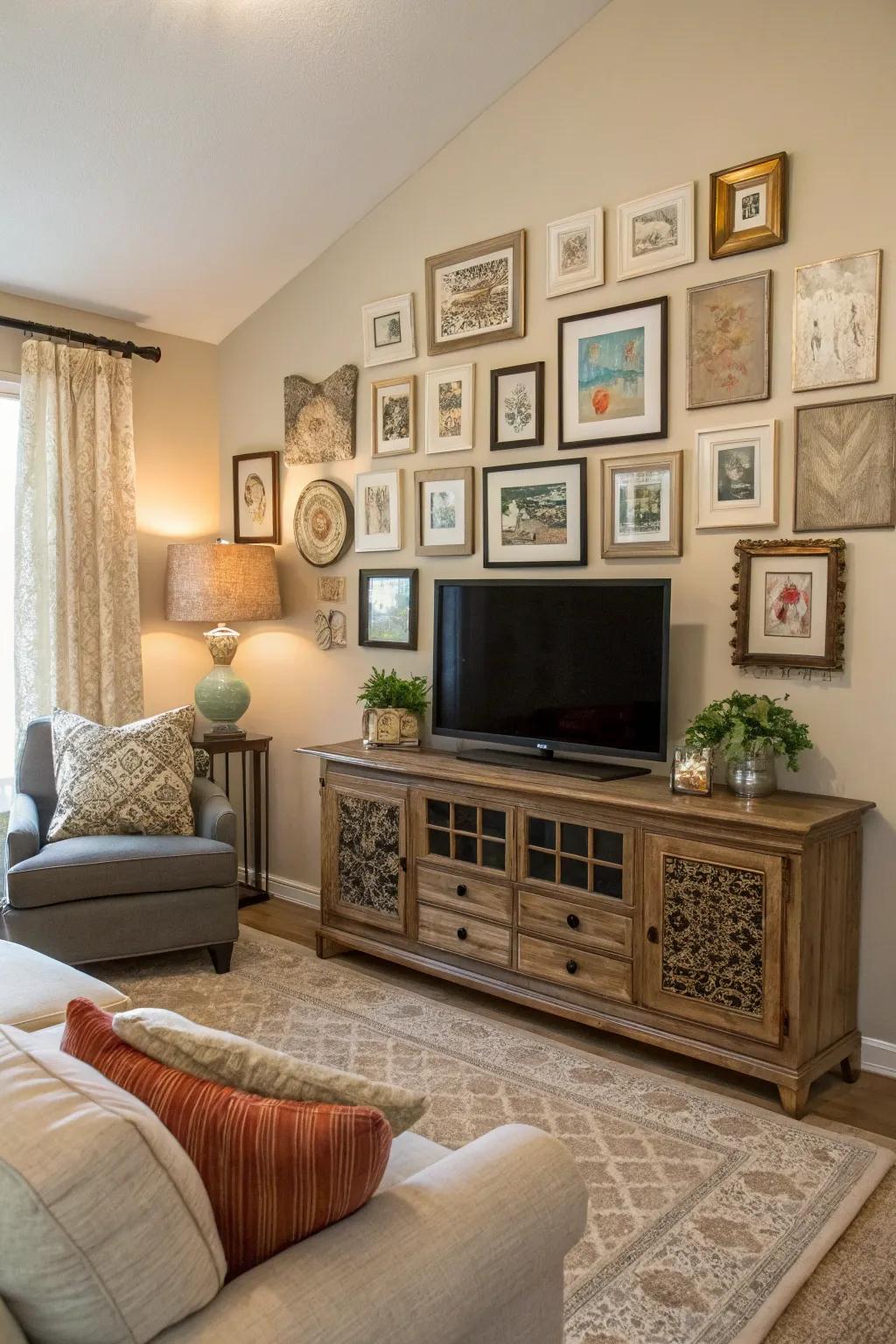 Textures infuse depth into this engaging television gallery wall.