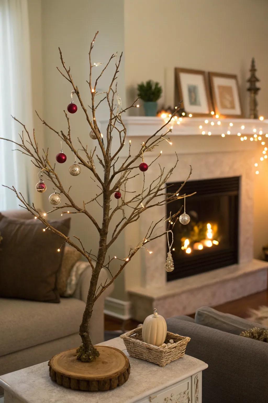 A quirky branch tree showcasing hanging ornaments.
