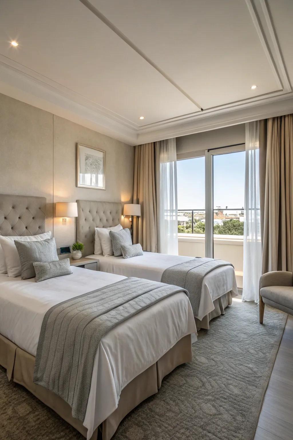 Neutral palettes bring a sense of calm and adaptability to twin bed setups.