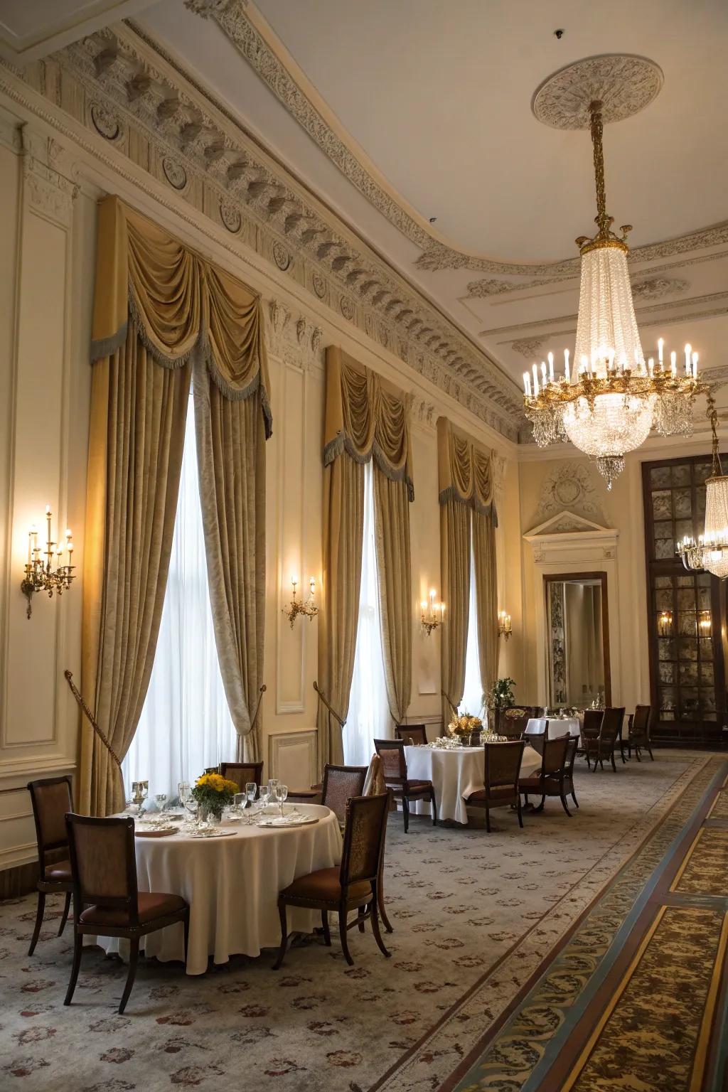 Floor-length duo-tone drapes bringing drama to a grand dining area.