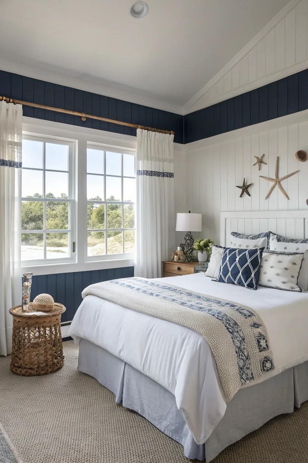 Blue and white walls creating a tranquil coastal ambiance.
