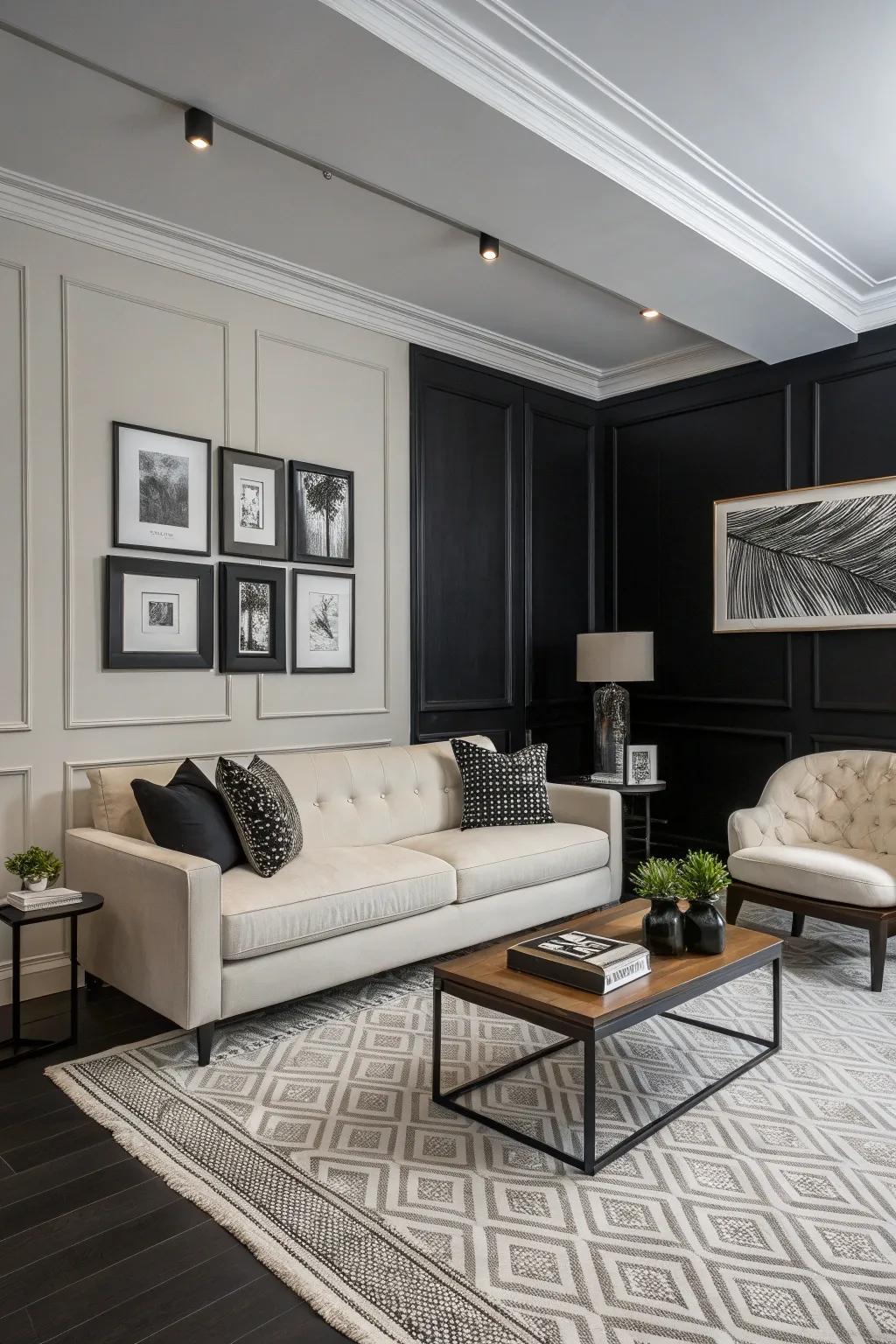 Onyx and snow white craft a bold and contemporary contrast.