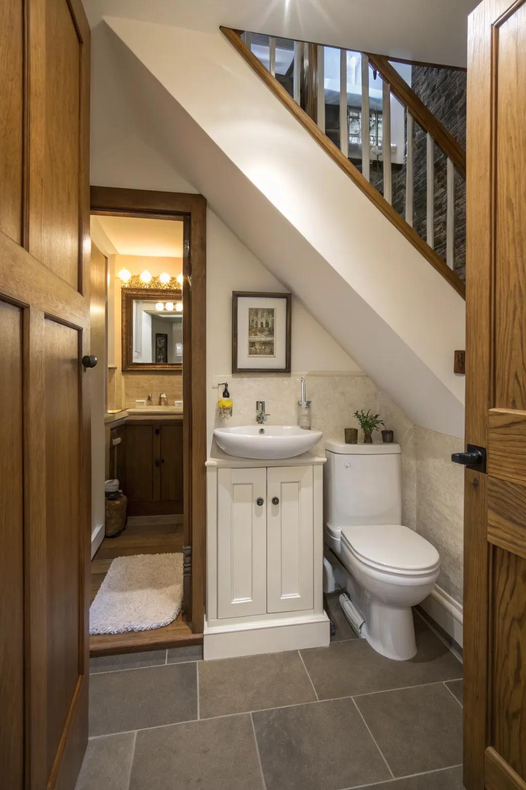 An under-stair bathroom featuring a covert entrance that blends with the design.
