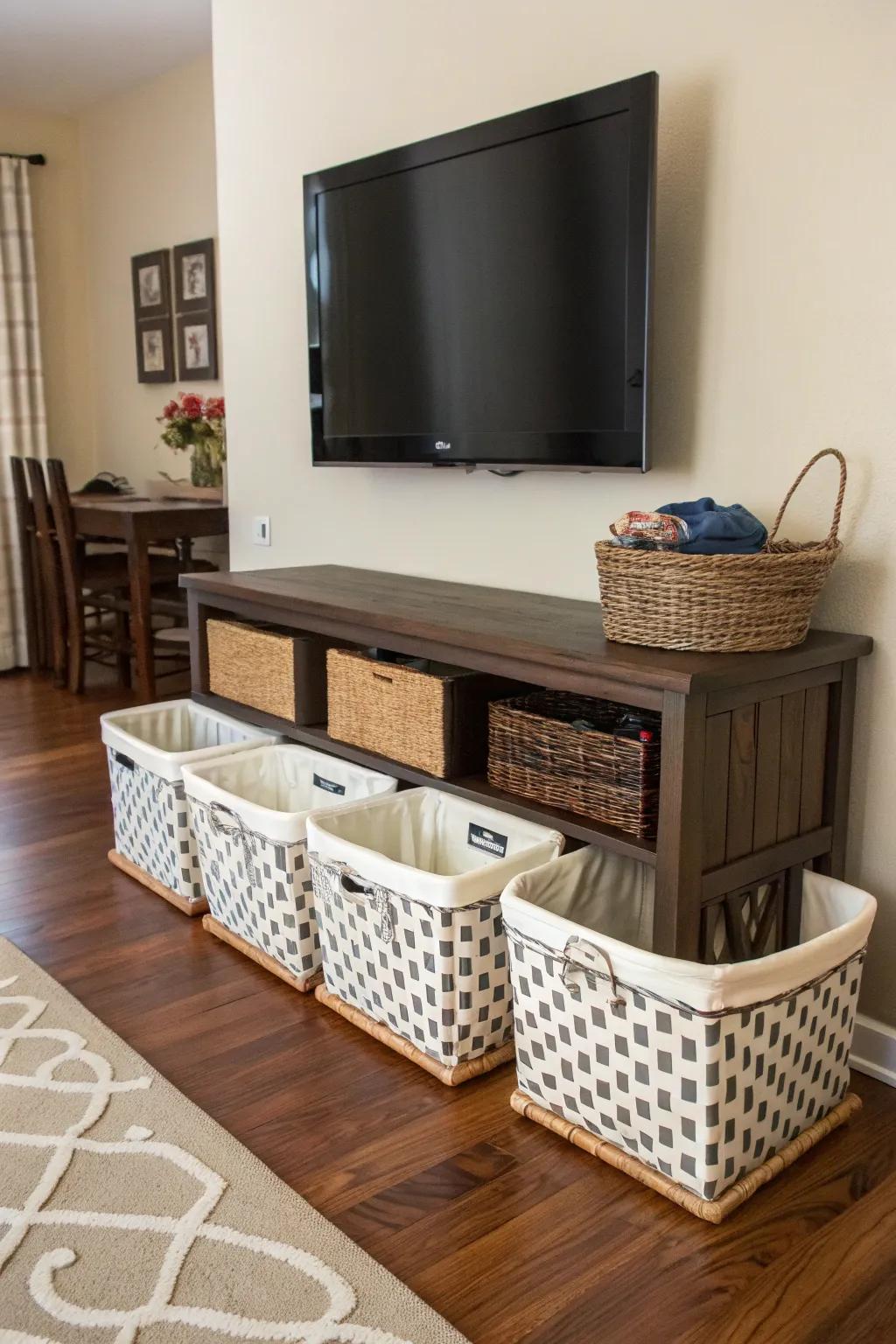 Organizing bins beneath your TV offer a stylish way to conceal clutter.