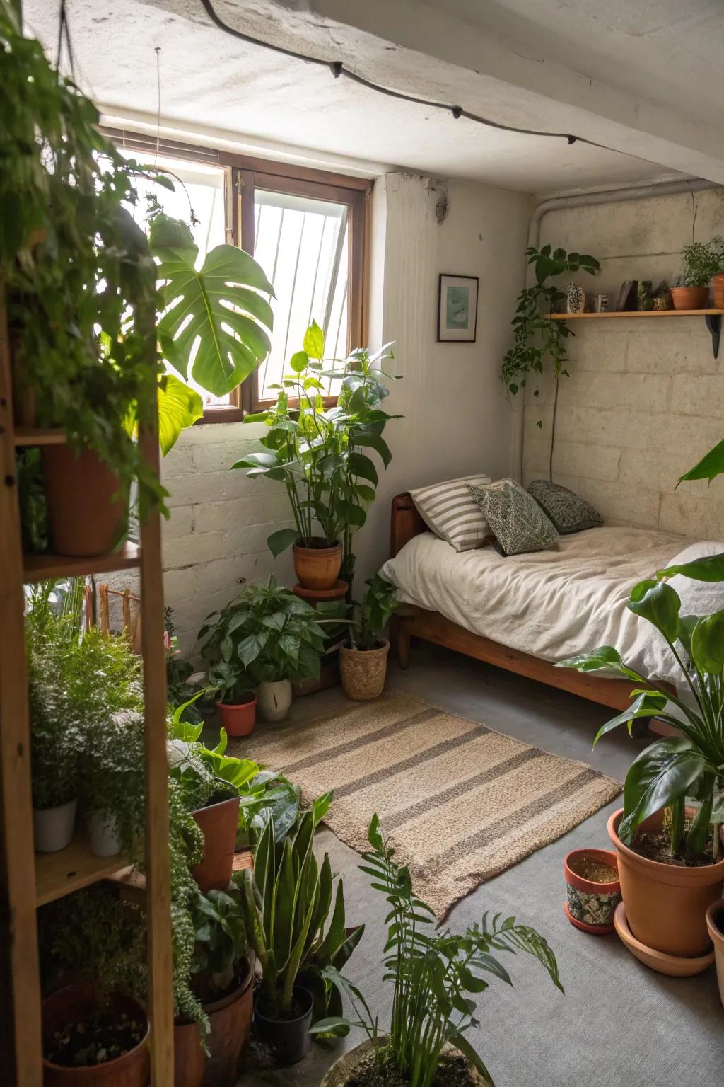 Plants can introduce life and vibrancy to your basement bedroom.