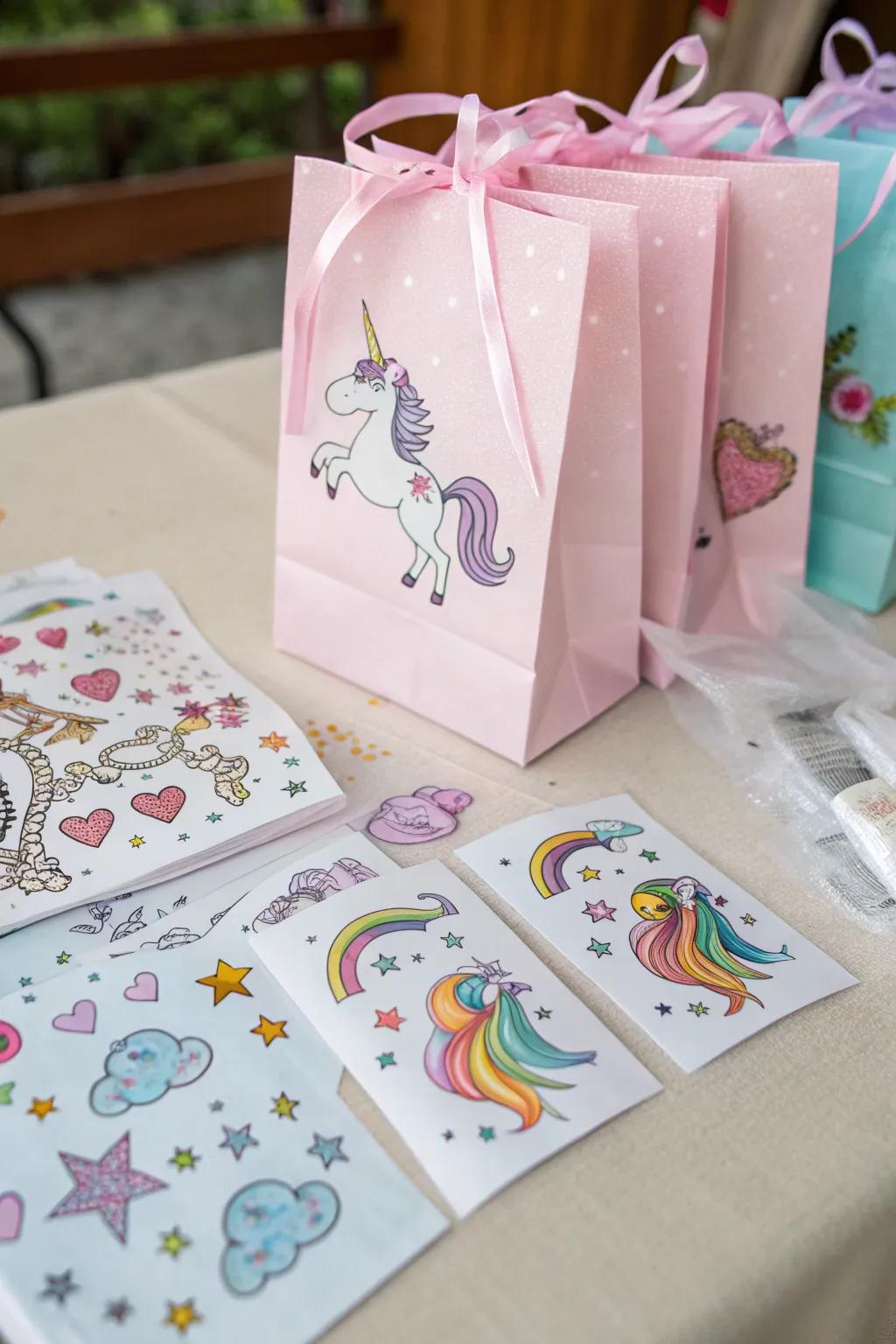 Unicorn favor bags with fun temporary tattoos.